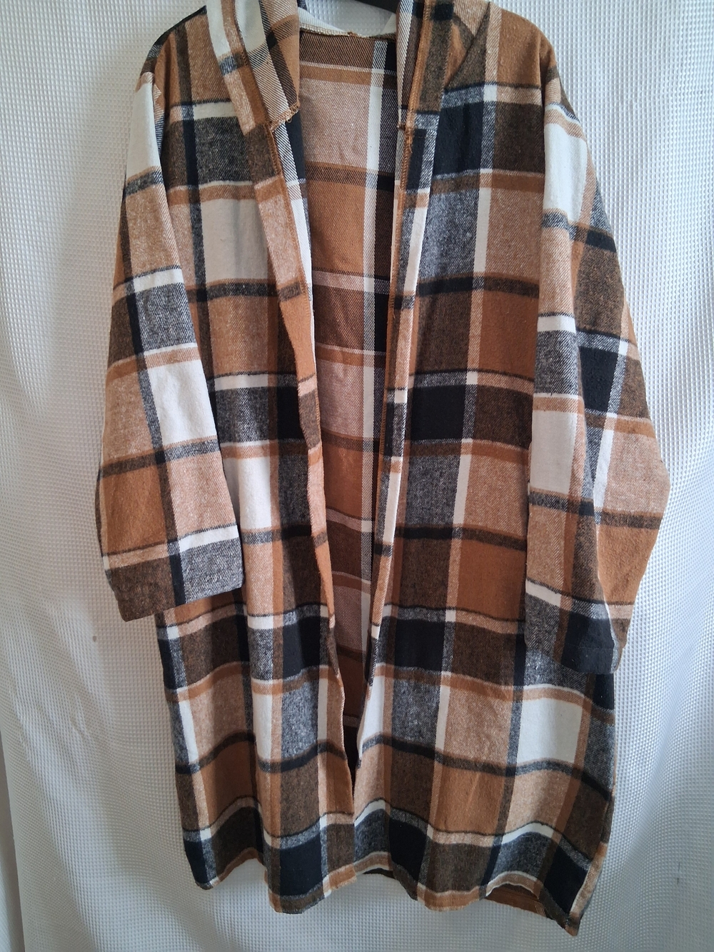 Source Unknown Plaid Open-Front Coatigan in Brown, Black & Cream